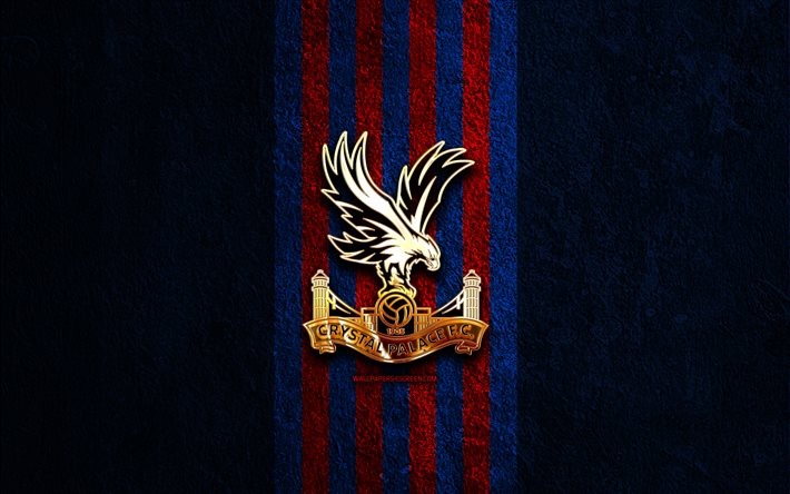 شعار كريستال بالاس الذهبي, 4k, الحجر الأزرق الخلفية, الدوري الممتاز, نادي كرة القدم الانجليزي, شعار كريستال بالاس, كرة القدم, كريستال بالاس