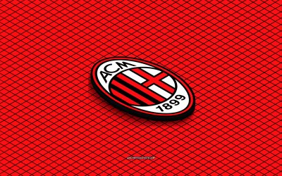 4k, logo isométrique de l'ac milan, art 3d, club de football italien, art isométrique, ac milan, fond rouge, série a, italie, football, emblème isométrique, logo de l'ac milan