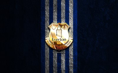 エバートンの黄金のロゴ, 4k, 青い石の背景, プレミアリーグ, イングランドのサッカークラブ, エバートンのロゴ, サッカー, エバートンのエンブレム, エバートン fc, フットボール, エバートン