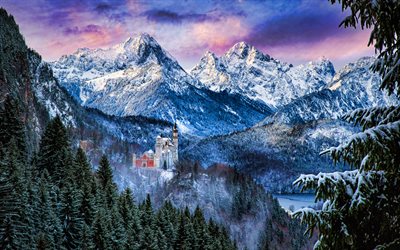 4k, castillo de neuschwanstein, invierno, hermosa naturaleza, alpes bávaros, puntos de referencia alemanes, paisaje de montaña, schwangau, hdr, baviera, alemania, europa, hermoso castillo