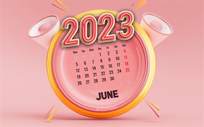 2023년 6월 달력, 4k, 분홍색 배경, 여름 달력, 2023년 컨셉, 핑크 3d 시계, 2023년 달력, 6월