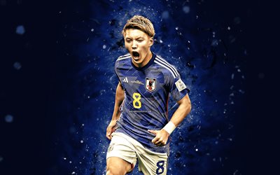 Ritsu Doan, 4k, blue neon lights, Japan National Football Team, soccer, footballers, blue abstract background, Japanese football team, Ritsu Doan 4K