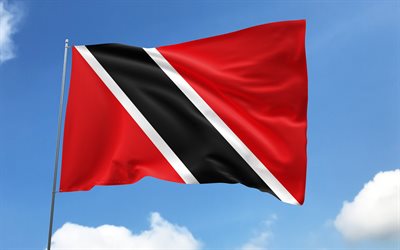 Trinidad and Tobago flag on flagpole, 4K, North American countries, blue sky, flag of Trinidad and Tobago, wavy satin flags, Trinidad and Tobago flag, Grenada national symbols, flagpole with flags, Day of Trinidad and Tobago, Trinidad and Tobago