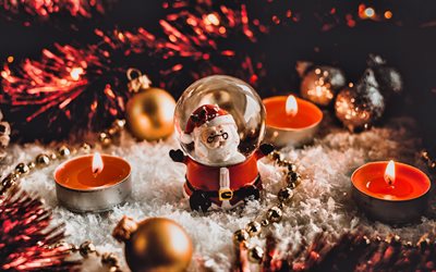 4k, Santa Claus, burning candles, Merry Christmas, Happy New Year, Santa Claus in a glass flask, Christmas red decorations