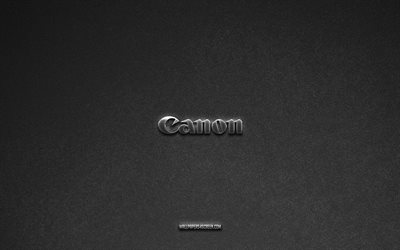 Canon logo, brands, gray stone background, Canon emblem, popular logos, Canon, metal signs, Canon metal logo, stone texture