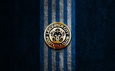 شعار نادي ليستر سيتي الذهبي, 4k, الحجر الأزرق الخلفية, الدوري الممتاز, نادي كرة القدم الانجليزي, شعار نادي ليستر سيتي, كرة القدم, ليستر سيتي