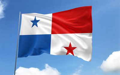 Panama flag on flagpole, 4K, North American countries, blue sky, flag of Panama, wavy satin flags, Panamanian flag, Panamanian national symbols, flagpole with flags, Day of Panama, North America, Panama flag, Panama