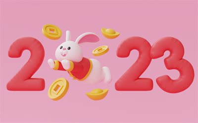 frohes neues jahr 2023, rosa hintergrund 2023 mit kaninchen, 2023 konzepte, 2023 jahr des kaninchens, 2023 frohes neues jahr, 2023 3d hintergrund