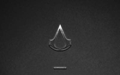 Assassins Creed logo, brands, gray stone background, Assassins Creed emblem, popular logos, Assassins Creed, metal signs, Assassins Creed metal logo, stone texture