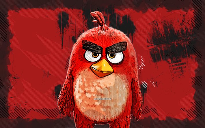 4k, röda angry birds, grunge konst, filmen angry birds, kreativ, angry birds karaktärer, röd grunge bakgrund, tecknade fåglar, huvudperson, arga fåglar