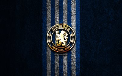 チェルシーのゴールデン ロゴ, 4k, 青い石の背景, プレミアリーグ, イングランドのサッカークラブ, チェルシーのロゴ, サッカー, チェルシーのエンブレム, チェルシーfc, フットボール, チェルシー
