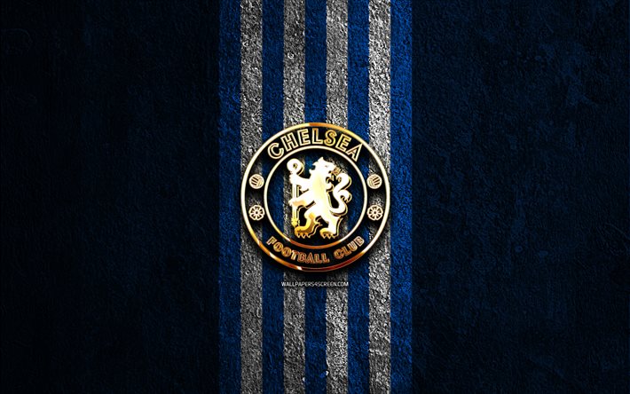 goldenes chelsea logo, 4k, hintergrund aus blauem stein, erste liga, englischer fußballverein, chelsea logo, fußball, chelsea emblem, fc chelsea, chelsea