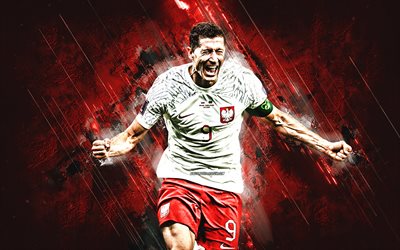 robert lewandowski, puolan jalkapallomaajoukkue, qatar 2023, puolalainen jalkapalloilija, eteenpäin, punainen kivi tausta, mm kisat 2023, puola, jalkapallo