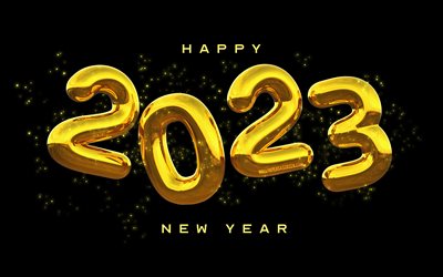 4k, frohes neues jahr 2023, 3d kunst, 2023 konzepte, 2023 ballonziffern, goldene realistische ballons, kreativ, 2023 schwarzer hintergrund, 2023 jahr, 2023 3d ziffern