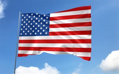 drapeau américain sur mât, 4k, drapeau des états unis, drapeau des etats unis, symboles nationaux des états unis, mât avec des drapeaux, journée des états unis, drapeau américain, etats unis