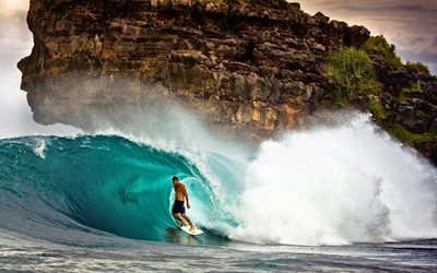 surfing, big wave, surfer, rock