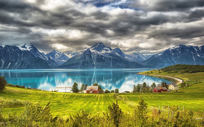lake, Gotland island, mountain, clouds, Sweden, HDR