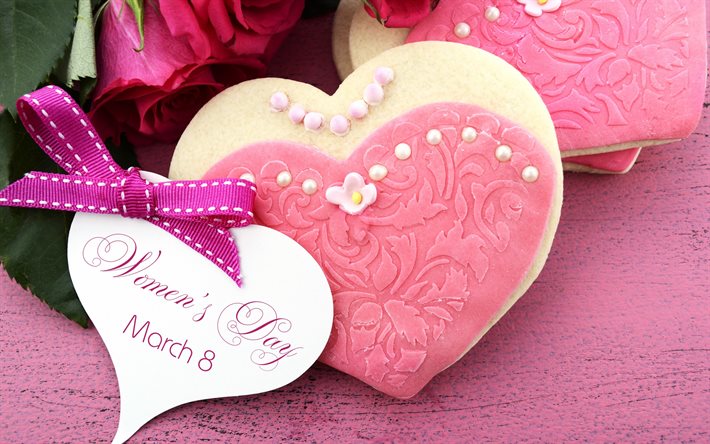 8 mars, hjärtan, rosetter, internationella kvinnodagen