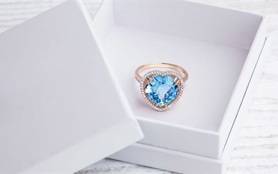 diamond ring, gold ring, blue diamond, white box