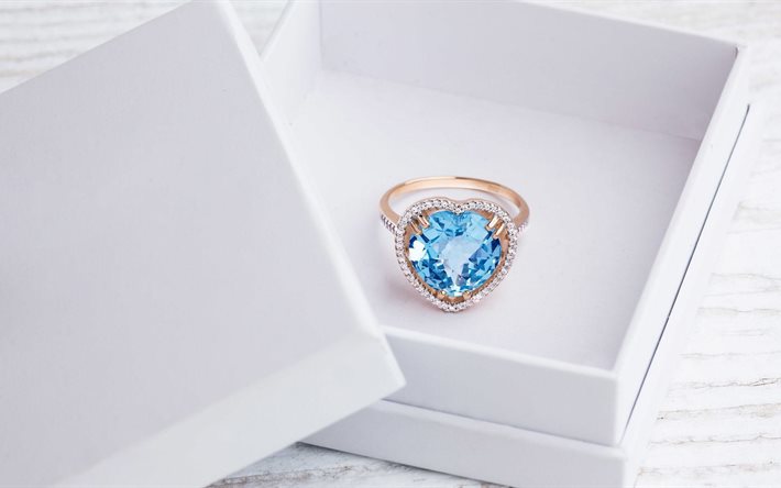 anel de diamante, anel de ouro, diamante azul, caixa branca