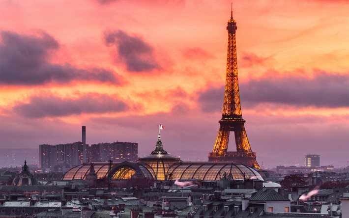 en soirée, Paris, France, Tour Eiffel, coucher de soleil, drapeau de la France