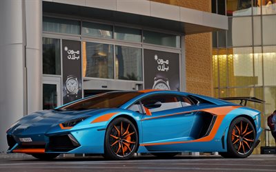 supercars, 2015, Lamborghini Aventador, LP700-4, bleu aventador, route, Lamborghini