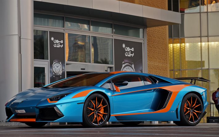 süper, 2015, Lamborghini Aventador, LP700-4 aventador mavi, yol, Lamborghini