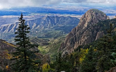 mountains, valley, mountain landscape, rocks, trees, USA, Bernalillo, New Mexico