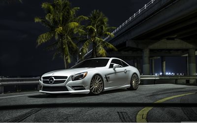 Mercedes-Benz SL550, notte, supercar, bianco classe sl, Mercedes