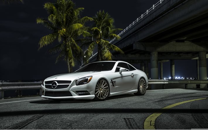 Mercedes-Benz SL550, la nuit, supercars, blanc sl-class, Mercedes