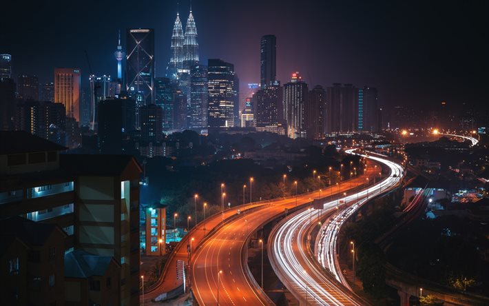 kuala lumpur, skyskrapor, nattljus, petronas towers, natt, malaysia