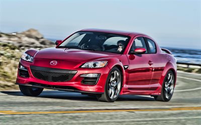 Mazda RX-8, 4k, HDR, supercars, voitures japonaises, rouge RX-8, route, Mazda