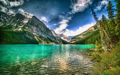 4k, el Lago Louise, HDR, Canadá, el Parque Nacional de Banff, el glaciar del lago, canadiense de la naturaleza, verano, América del Norte