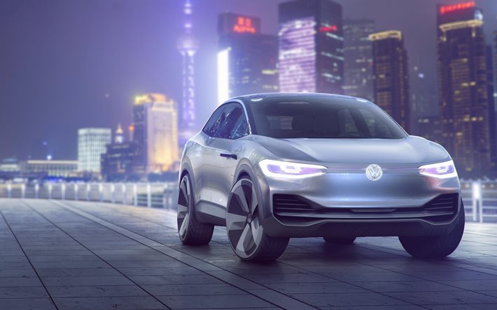 Volkswagen ID Crozz Concepto, 4k de 2017, los coches, noche, crossovers, Volkswagen