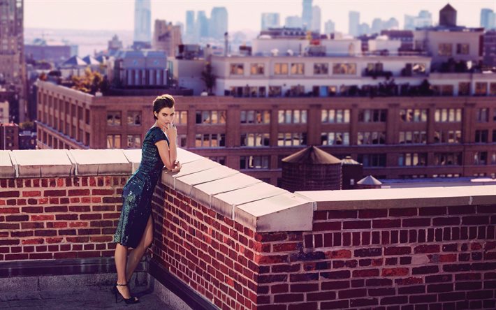 Lauren Cohan, l'actrice Américaine, brunette, belle femme, vert mousseux robe