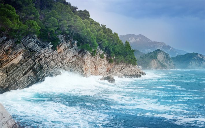 rochas, mar, costa, montenegro, mar adriático, tempestade, ondas