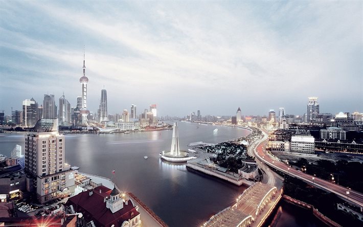Shanghai, baie, port, gratte-ciel, soirée, Chine
