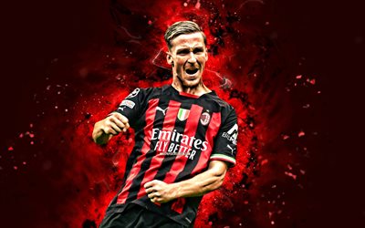 Alexis Saelemaekers, 4k, red neon lights, AC Milan, soccer, Belgian footballers, Alexis Saelemaekers 4K, Milan FC, red abstract background, football, Alexis Saelemaekers Milan, Rossoneri