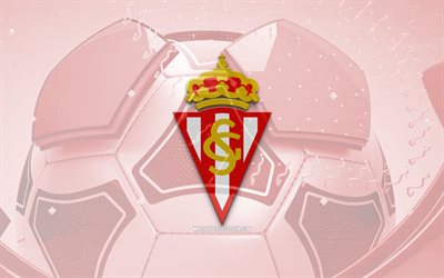 Real Sporting glossy logo, 4K, red football background, LaLiga2, soccer, spanish football club, Real Sporting 3D logo, Real Sporting emblem, Real Sporting FC, football, La Liga2, sports logo, Real Sporting logo, Real Sporting