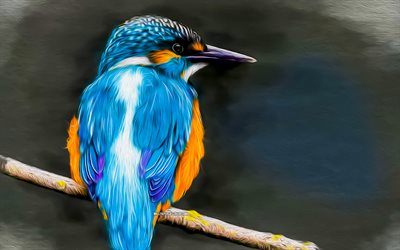 رسم kingfisher, 4k, العمل الفني, الحياة البرية, الطيور الغريبة, خوخه, alcedinidae, صور مع الطيور, kingfisher, طائر على الفرع, الطيور الزرقاء