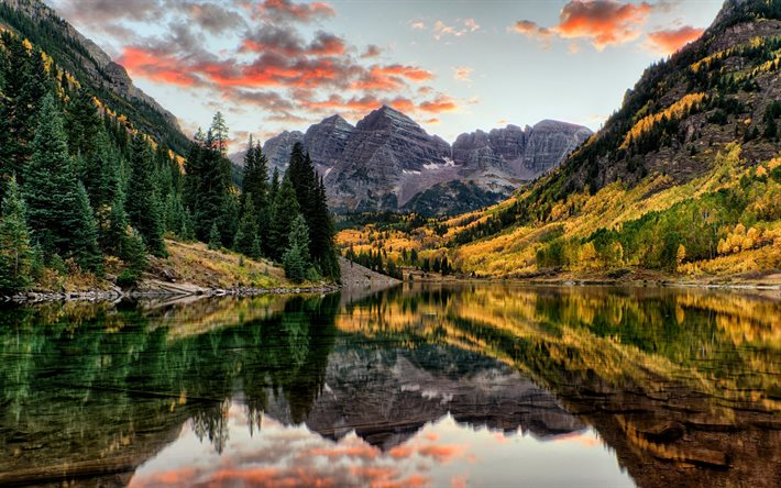 göl, akşam, dağlar, dağ, Gün batımı, ABD, Maroon Bells, Colorado