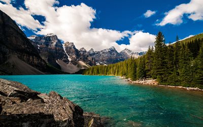 El lago Louise, bosque, hdr, verano, montaña, Johnston Canyon, rocas, Alberta, Canadá, el Parque Nacional de Banff