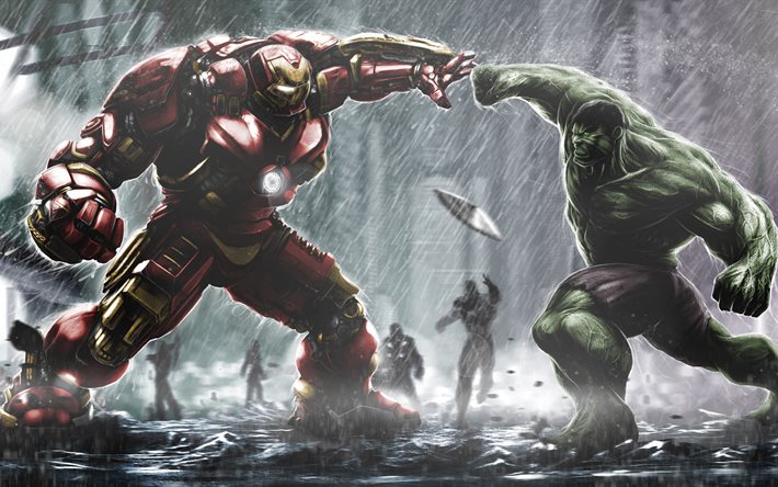 hulkbuster vs hulk, 4k, supersankarit, yhteenotto