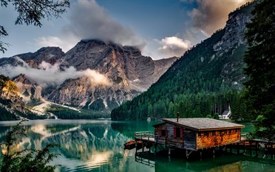 Italy, mountain, lake, hut, sunset