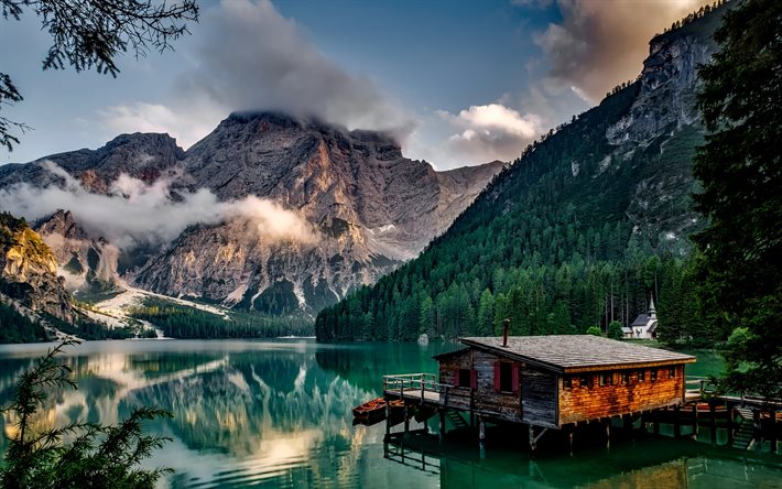 Italia, montaña, lago, cabaña, la puesta de sol