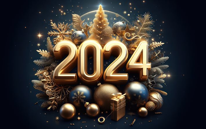 2024 feliz año nuevo, decoraciones de navidad doradas, 2024 año nuevo, 2024 conceptos 3d, 2024 arte 3d