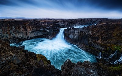 एल्डेयजर्फॉस, 4k, चट्टानों, झरना, आइसलैंडिक स्थल, एचडीआर, आइसलैंड, स्प्रेंगिसैंडुर हाइलैंड रोड, स्केजलफंडफ्लजोट नदी, सुंदर प्रकृति