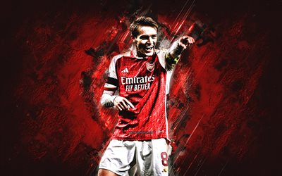 Martin Odegaard, Arsenal FC, Norwegian football player, midfielder, red stone background, Premier League, England, football