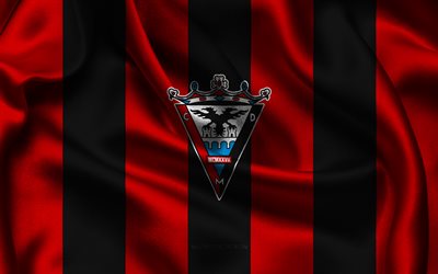 4k, CD Mirandes logo, red black silk fabric, Spanish football team, CD Mirandes emblem, Segunda Division, CD Mirandes, Spain, football, CD Mirandesr flag, Mirandes FC