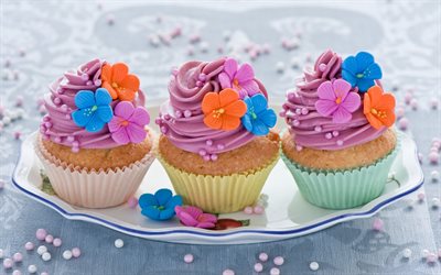 cupcakes con crema rosa, dulces, horneando, pastelitos, decoración de magdalenas